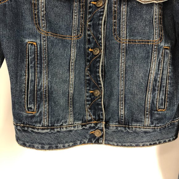 Free People blue denim jacket crop length long sleeves medium blue wash L - Picture 11 of 15